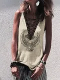 Cotton Sleeveless V Neck Abstract Shirts & Tops