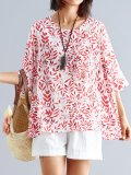 Plus Size Women Short Sleeve Round Neck Vintage Floral Casual Tops