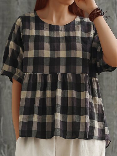 Plus Size Women Plaid Cotton And Linen Short Sleeve Loose Casual Tops
