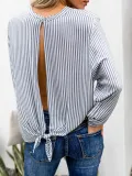 Blue Crew Neck Striped Casual Blouse