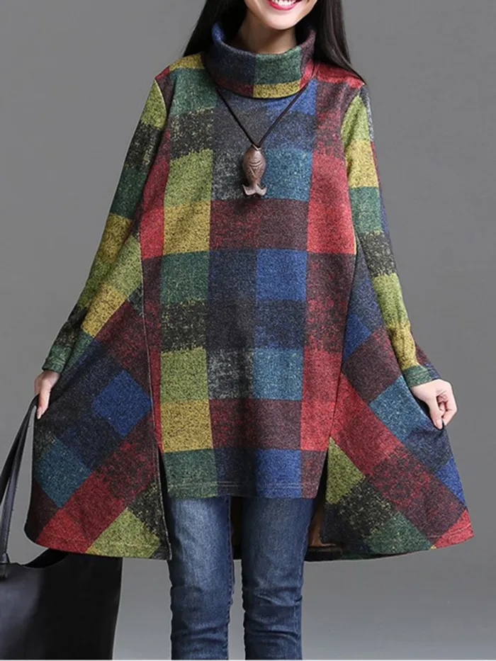 Autumn Winter Casual Plaid Turtleneck Long Sleeve Sweatshirt