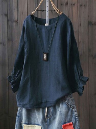 Round Neck Casual Solid Shirts & Tops