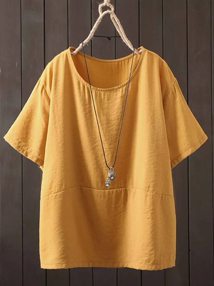 Short Sleeve Solid Round Neck Cotton-Blend Shirts & Tops