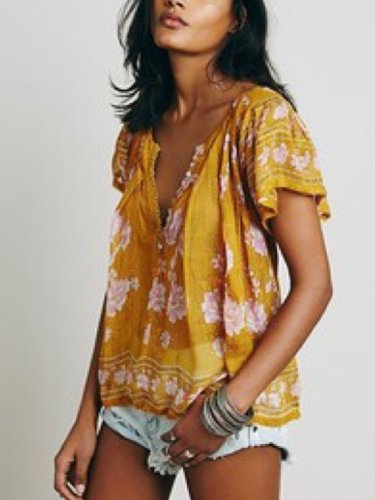 Yellow Floral Faux Leather Short Sleeve Casual Shirts & Tops