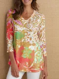 3/4 Sleeve Printed Casual V Neck T-Shirts