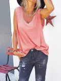 Sleeveless V Neck Solid Shirts & Tops