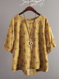 Crew Neck Casual Floral Balloon Sleeve Casual Tops