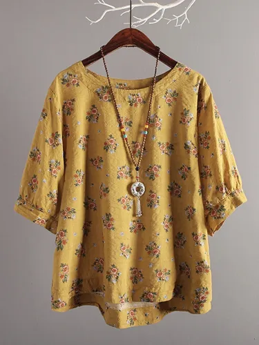 Crew Neck Casual Floral Balloon Sleeve Casual Tops