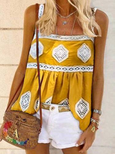 Yellow Sleeveless Printed/dyed Cotton-Blend Shirts & Tops