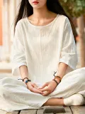 Cotton Linen Paneled Casual T-Shirt