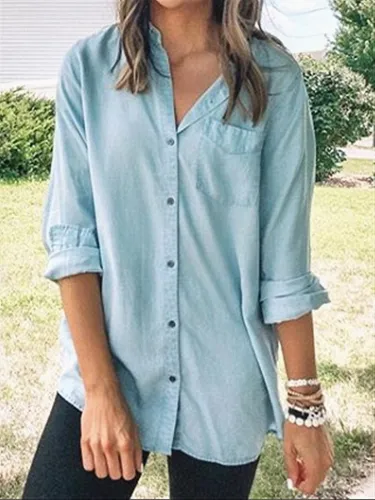 Blue Daily Casual Cotton Blouse