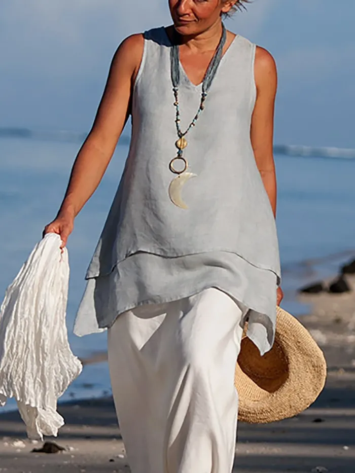 Women Casual Shirts V Neck Sleeveless Asymmetrical Tunics Blouses