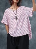 Plus Size Women Short Sleeves Round Neck Striped Loose Casual Tops