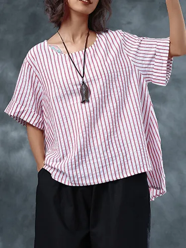 Plus Size Women Short Sleeves Round Neck Striped Loose Casual Tops