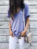 Casual Short Sleeve V Neck Solid Shirts
