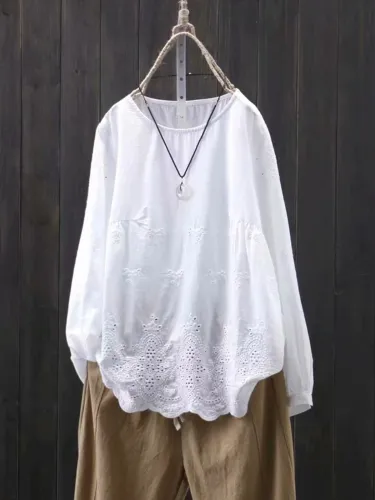 Loose Long Sleeve Hollow Out Embroidery Crew Neck Shirt