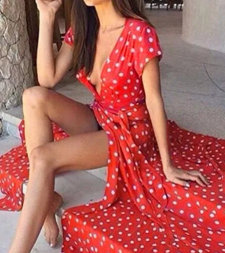 Women Sexy Deep V Neck Polka Dot Boho Maxi Skirts