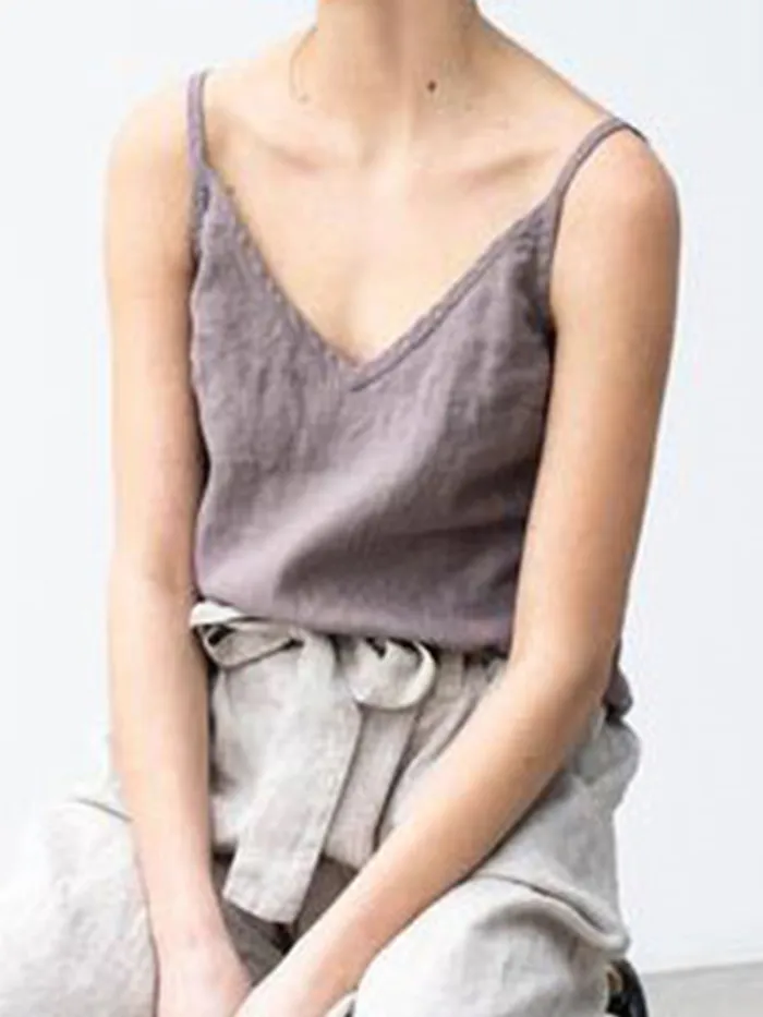 Slit Pure Color Sexy V Neck Spaghetti Plus Size Camis