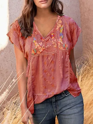 Printed Short Sleeve Cotton-Blend Shirts & Tops