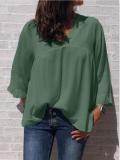 Plus Size Casual 3/4 Sleeve V Neck Solid Tops