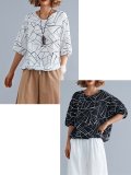 Simple Line Floral Short Sleeve Cotton And Linen Loose Casual Tops