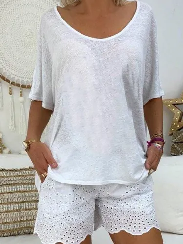 Cotton-Blend Crew Neck Short Sleeve Casual Shirts & Tops