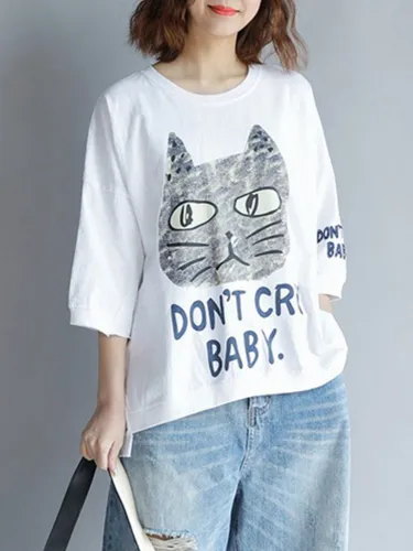 Casual 3/4 Sleeve Round Neck Plus Size Tops