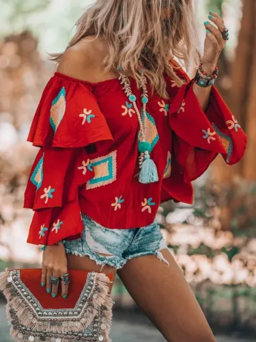 Red Floral-Print Sweet Off Shoulder Causal Tops