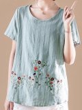 Embroidered Short Sleeve Cotton-Blend Shirts & Tops