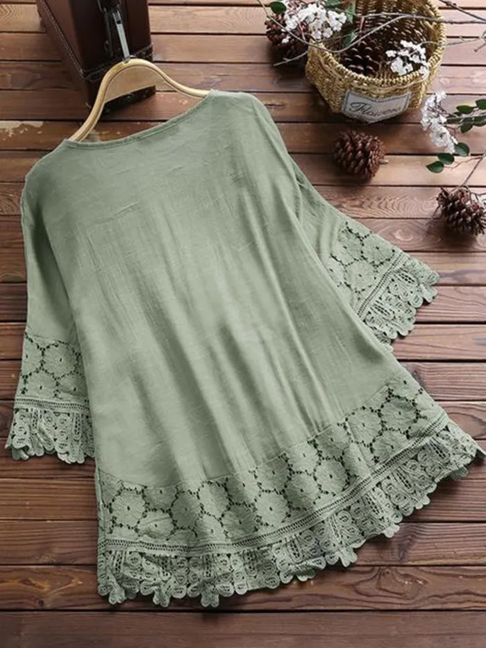 Women Casual Loose Lace Cutout Tops Tunic Blouse Shirt