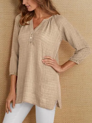 3/4 Sleeve V Neck Linen Casual Shirts & Tops