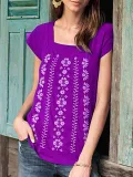 Gray Blue Short Sleeve Cotton-Blend Patchwork Shirts & Tops
