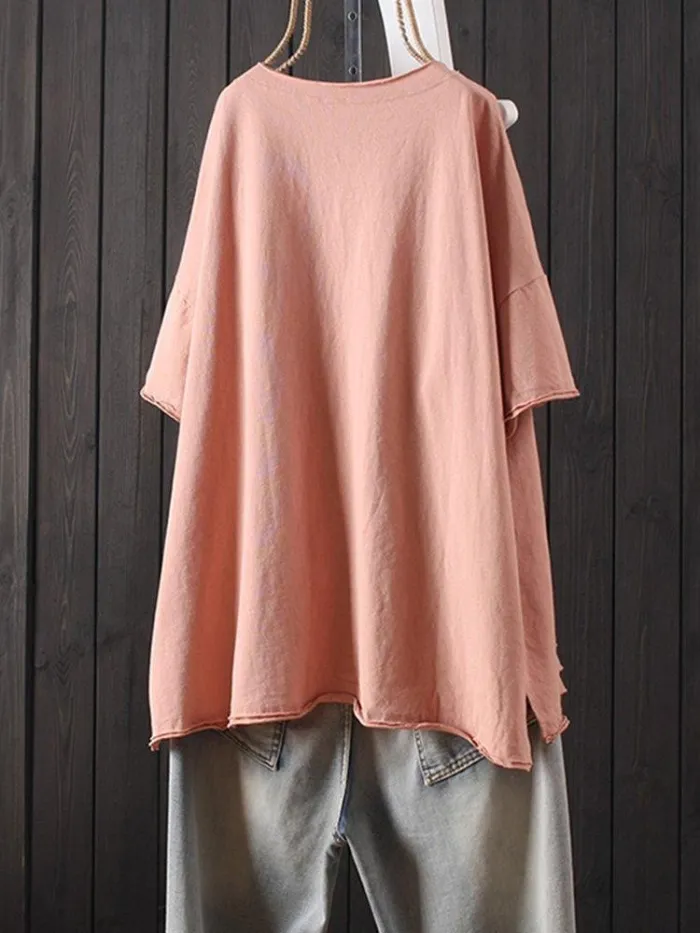 Round Neck Casual Cotton-Blend Shirts & Tops