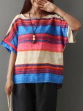 Plus Size Women Short Sleeve Round Neck Vintage Striped Floral Casual Tops
