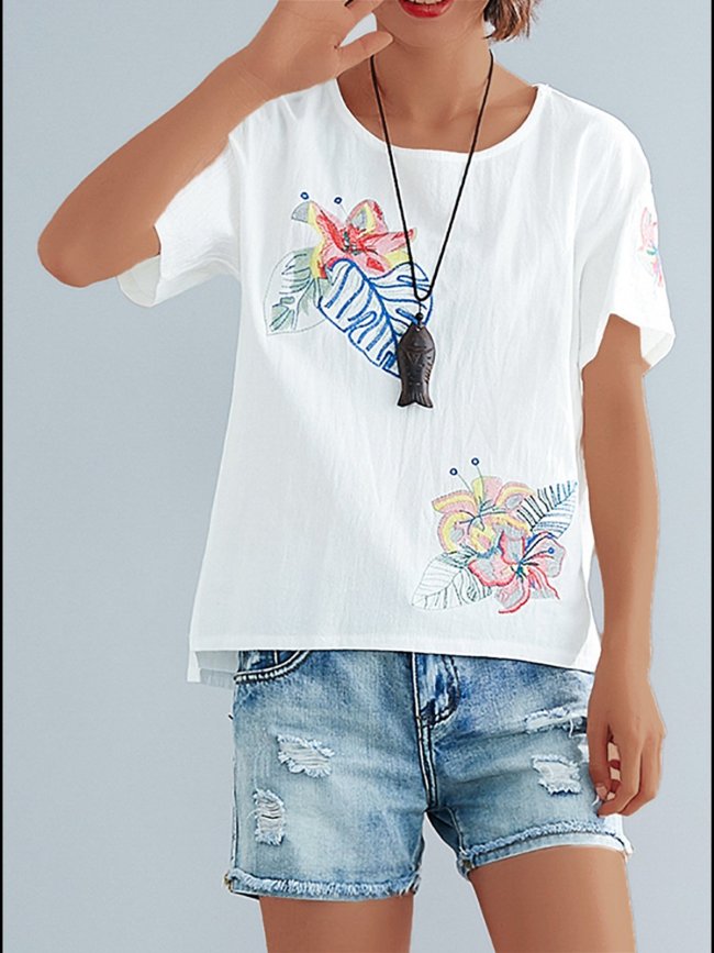 Plus Size  Cotton And Linen Embroidered Solid  Loose  Casual   Top