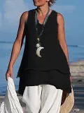 Women Casual Shirts V Neck Sleeveless Asymmetrical Tunics Blouses