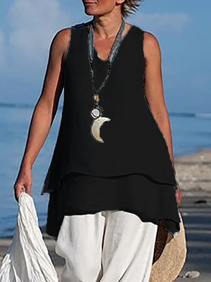 Women Casual Shirts V Neck Sleeveless Asymmetrical Tunics Blouses