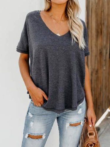 Gray Short Sleeve Cotton-Blend Plain V Neck Shirts & Tops