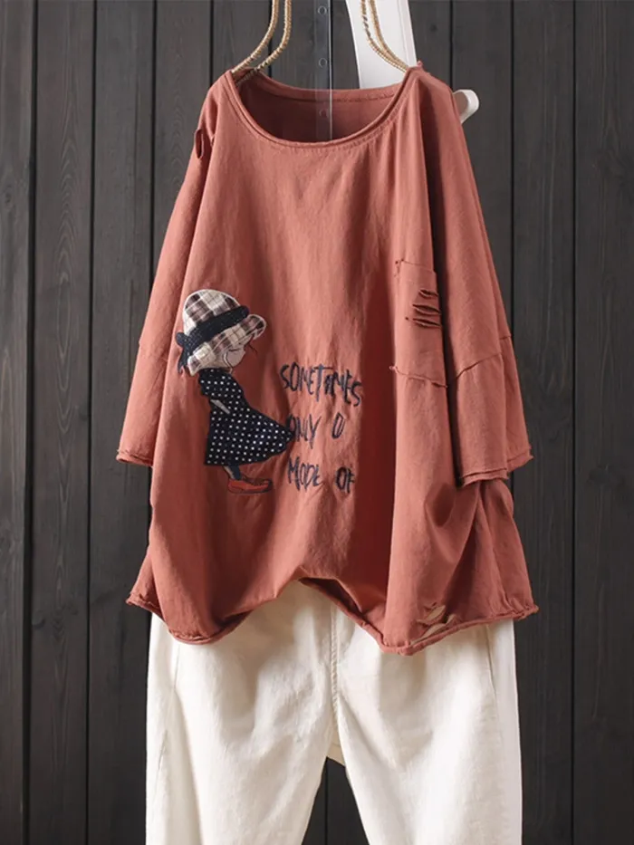 Cotton-Blend Round Neck Printed Shirts & Tops