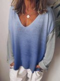 Blue V Neck Shift Cotton-Blend Long Sleeve Shirts & Tops