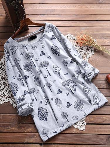 Long Sleeve Floral Round Neck Casual Tops