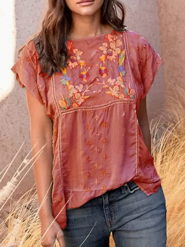 Gray Blue Short Sleeve Cotton-Blend Shirts & Tops