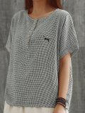 Plus Size Women Round Neck Short Sleeve Plaid Cotton And Linen Loose Casual Top