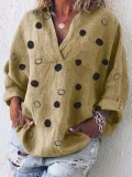 Long Sleeve V Neck Cotton-Blend Patchwork Shirts & Tops