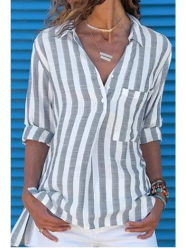 Long Sleeve Cotton Pockets Striped Shirts & Tops