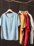 Short Sleeve Solid Round Neck Cotton-Blend Shirts & Tops