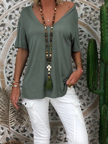 V Neck Casual Solid Shirts & Tops