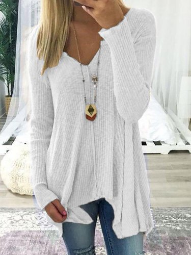 White Long Sleeve Solid Cotton V Neck Sweater