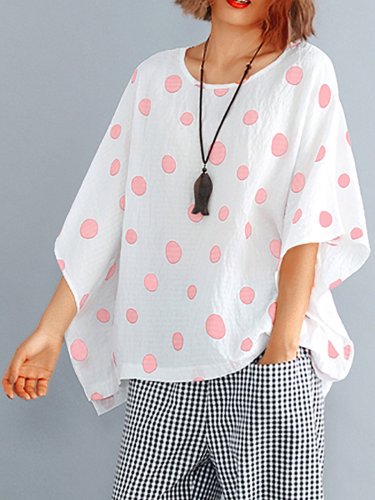 Plus Size Women Bat Sleeves Round Neck Cotton And Linen Polka Dots Loose Casual Tops