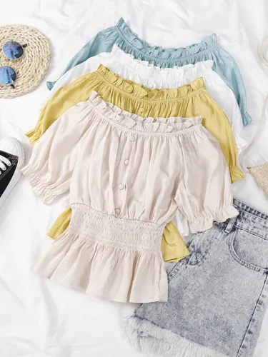 One-neck Off Shoulder Short Sleeve Pullover Solid Casual Tops